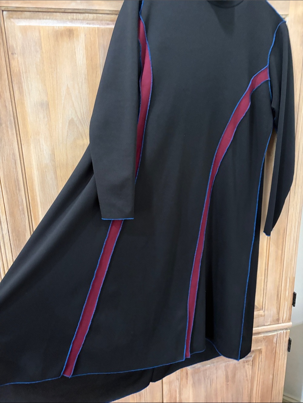 Black Dress with Burgundy and Blue Accents - Women's Long Sleeve Dress
